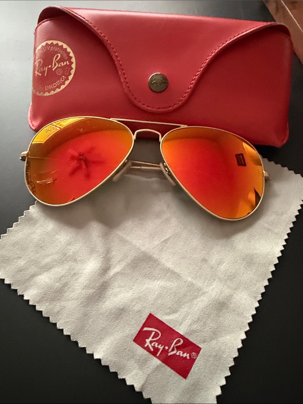 Ray-Ban Gold Frame Aviators with Orange-Red Mirror Lenses